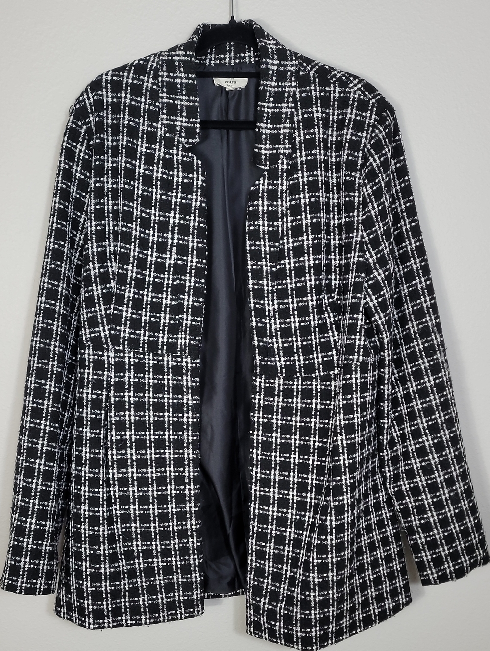 Entro Tweed Longline Open Blazer Jacket Size Large Black White Pockets